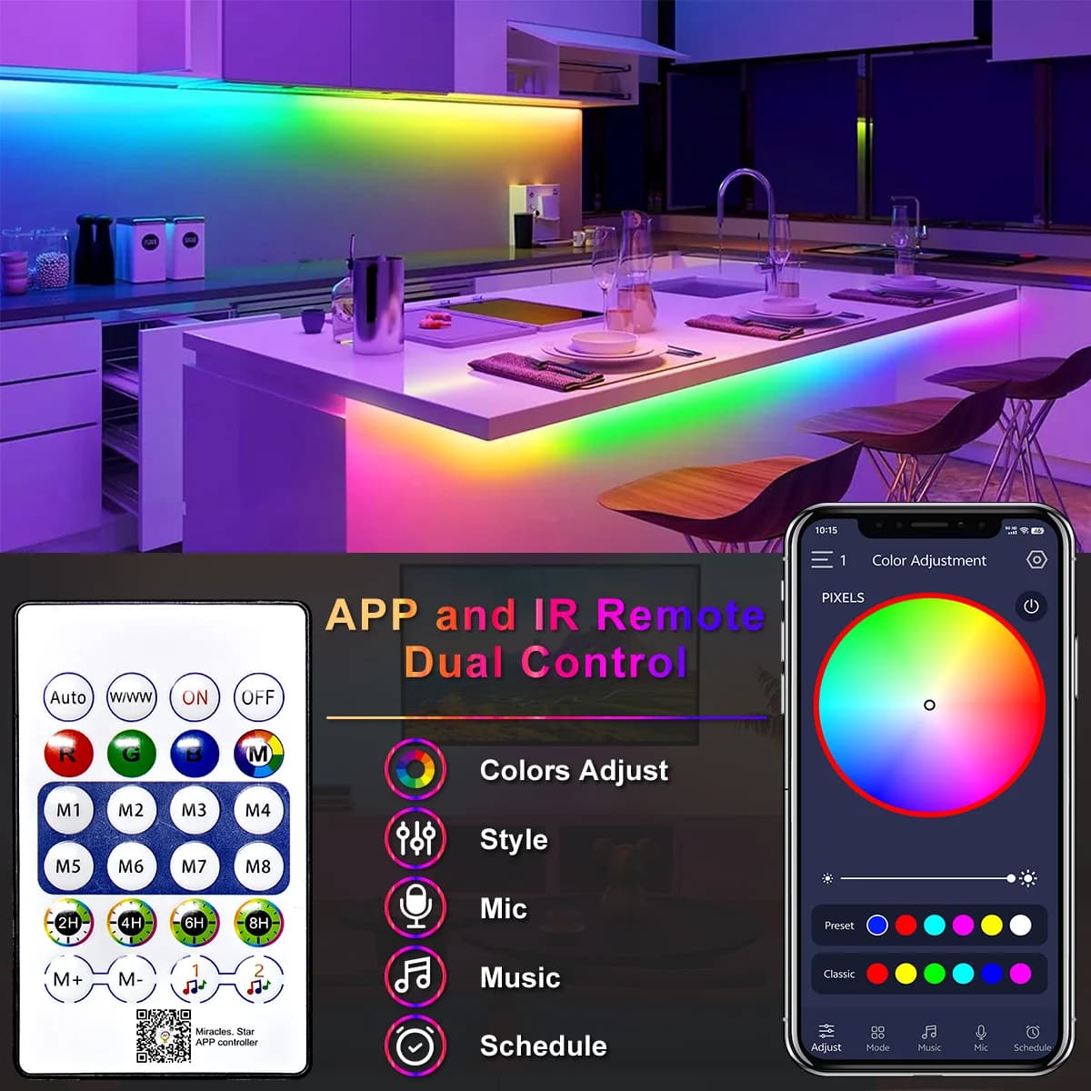 USB iriserende neonstripverlichting met Bluetooth-bediening