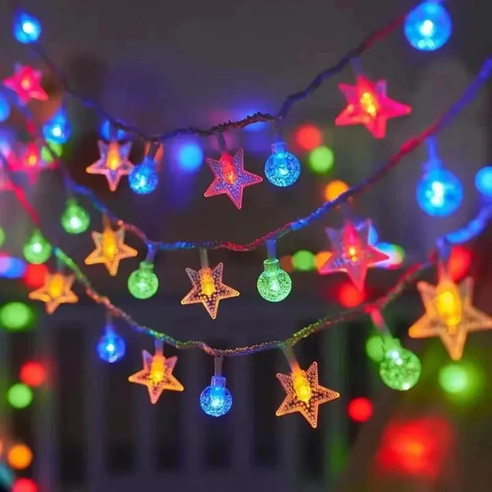 Buiten solar sterren en bolvormige lichtsnoer, multicolor