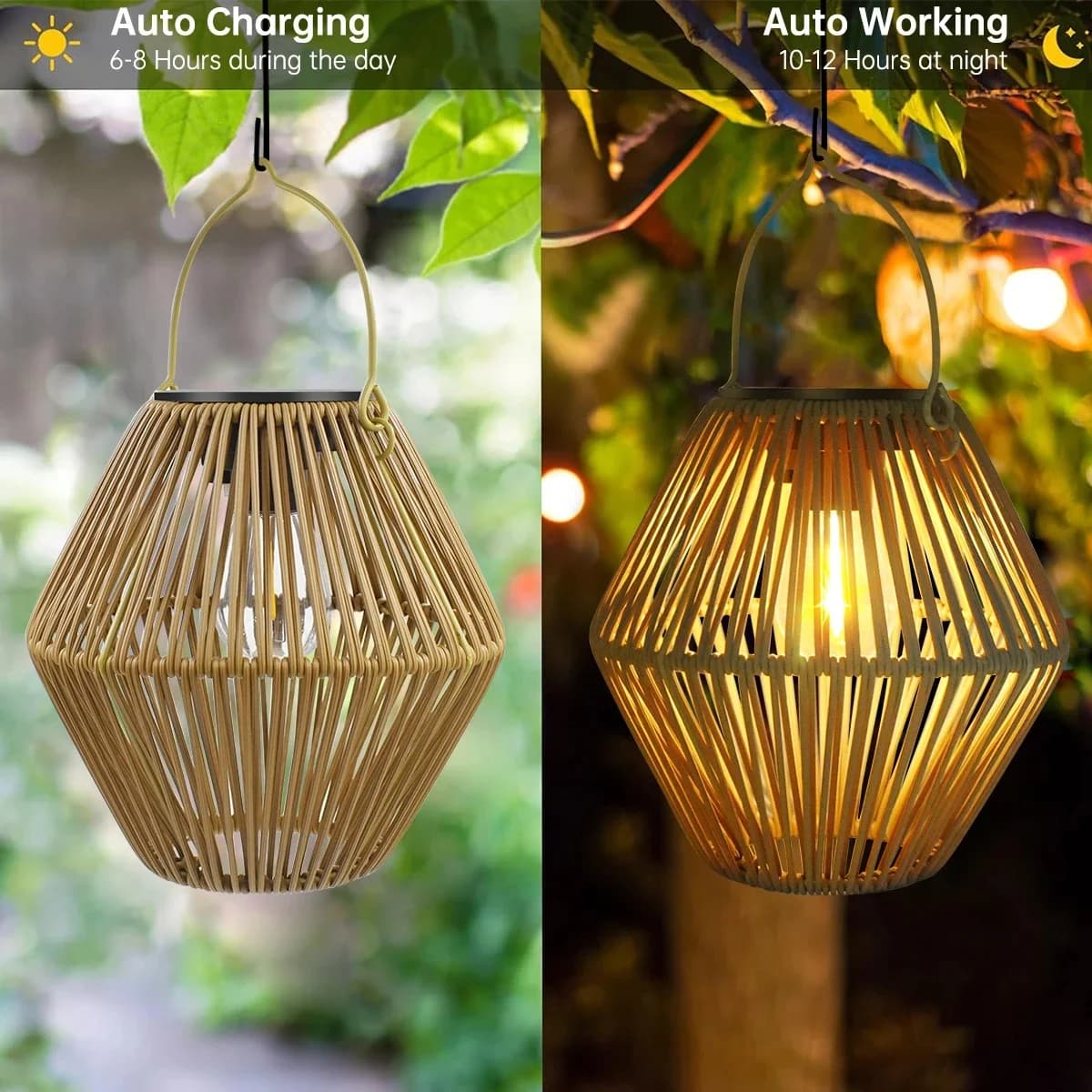Handgemaakte rieten rotan solarlantaarn met warmwitte LED