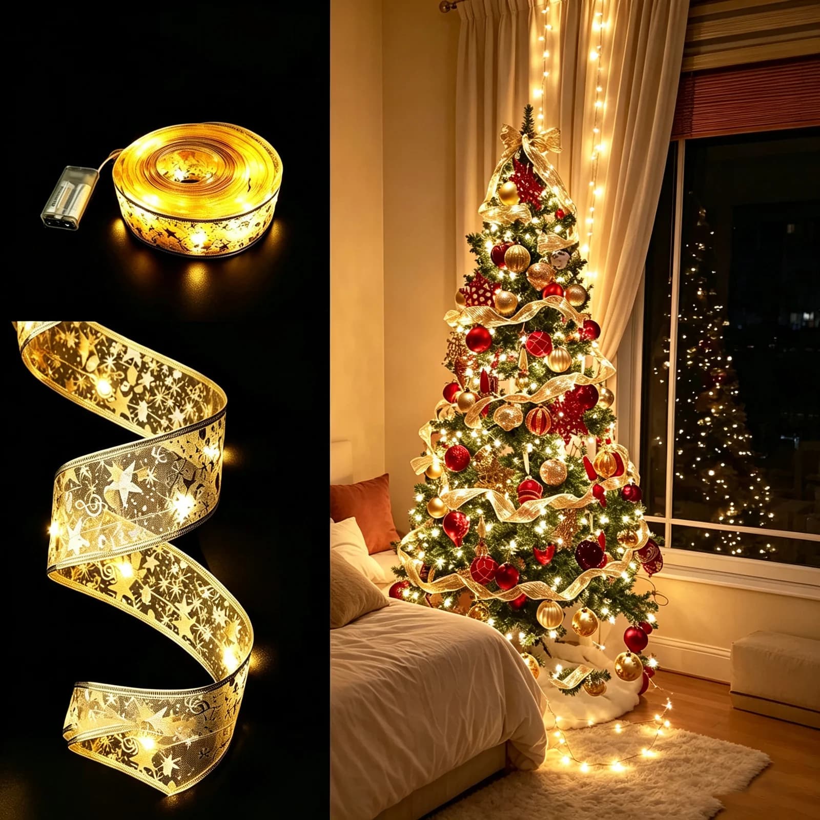 Gouden satijnen dubbel-laags LED kerstlintverlichting